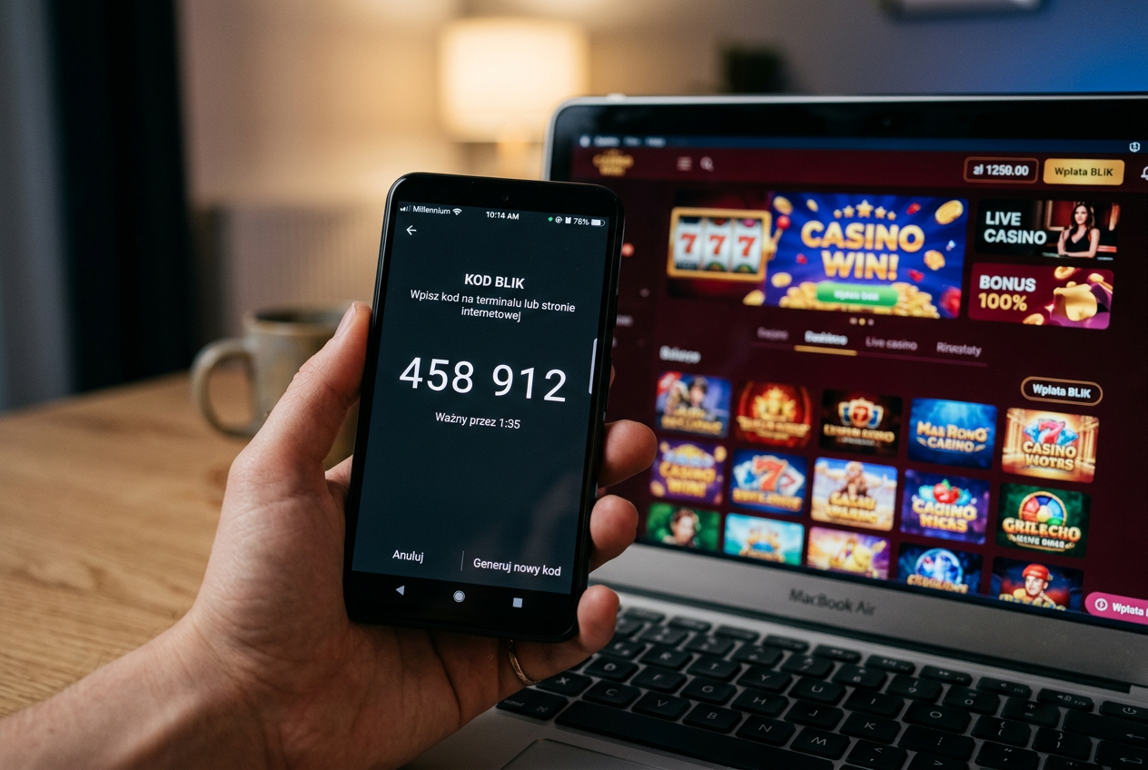 Smartphone with banking app showing BLIK code in front of a laptop screen with casino interface