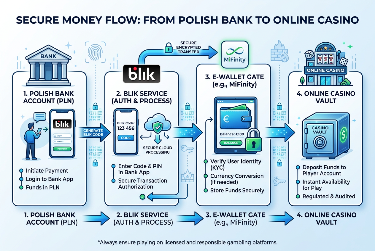 Infographic diagram showing money flow from Polish bank via BLIK to online casino vault