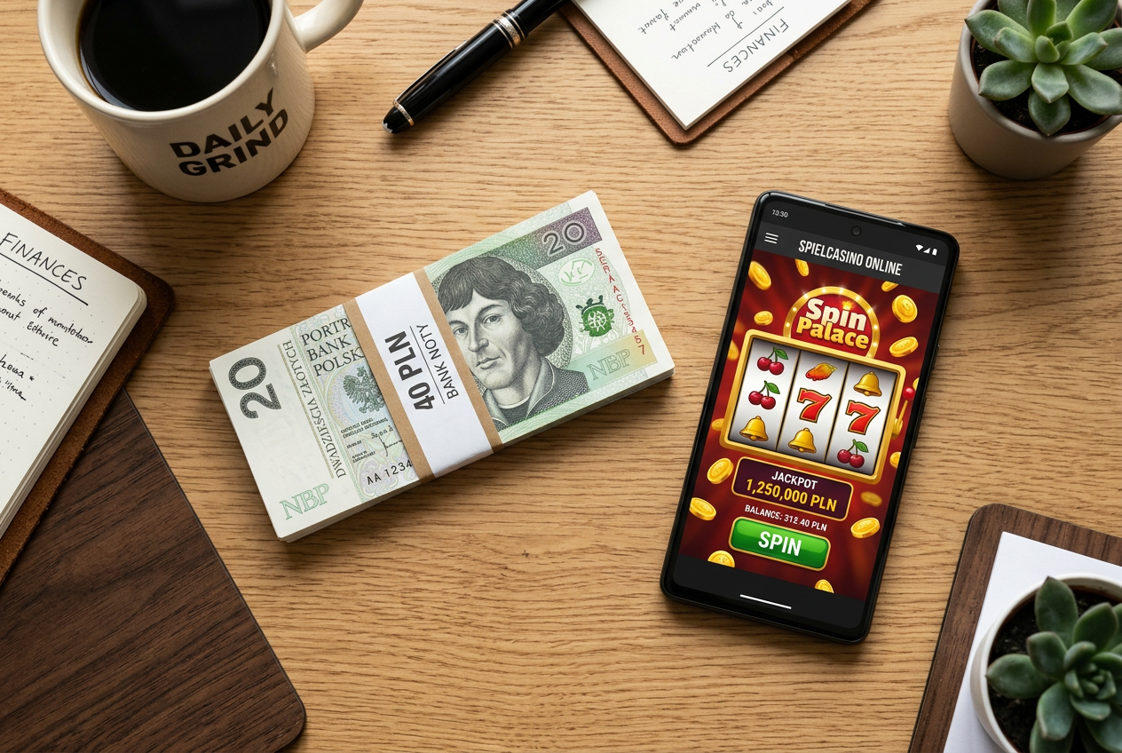 Banknoty 40 PLN i smartfon z interfejsem kasyna na biurku