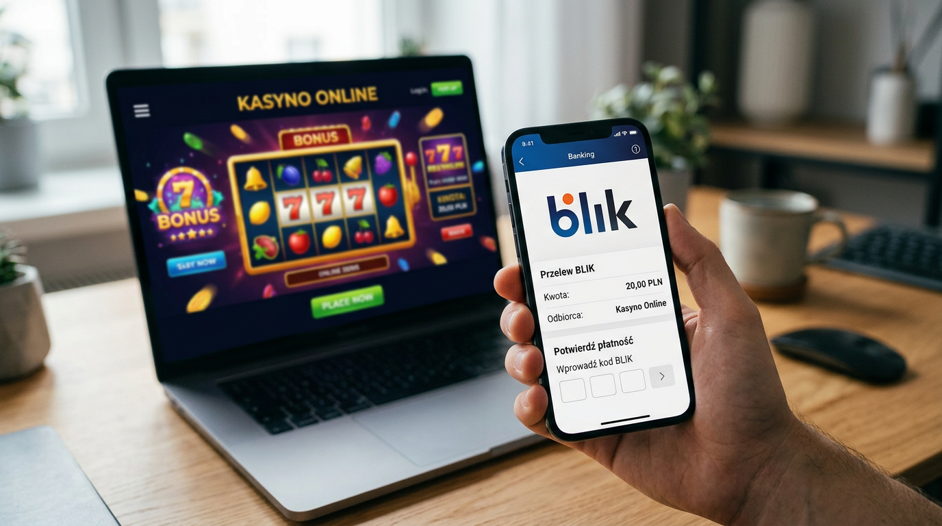 Smartfon z aplikacją BLIK i kasynem online w tle