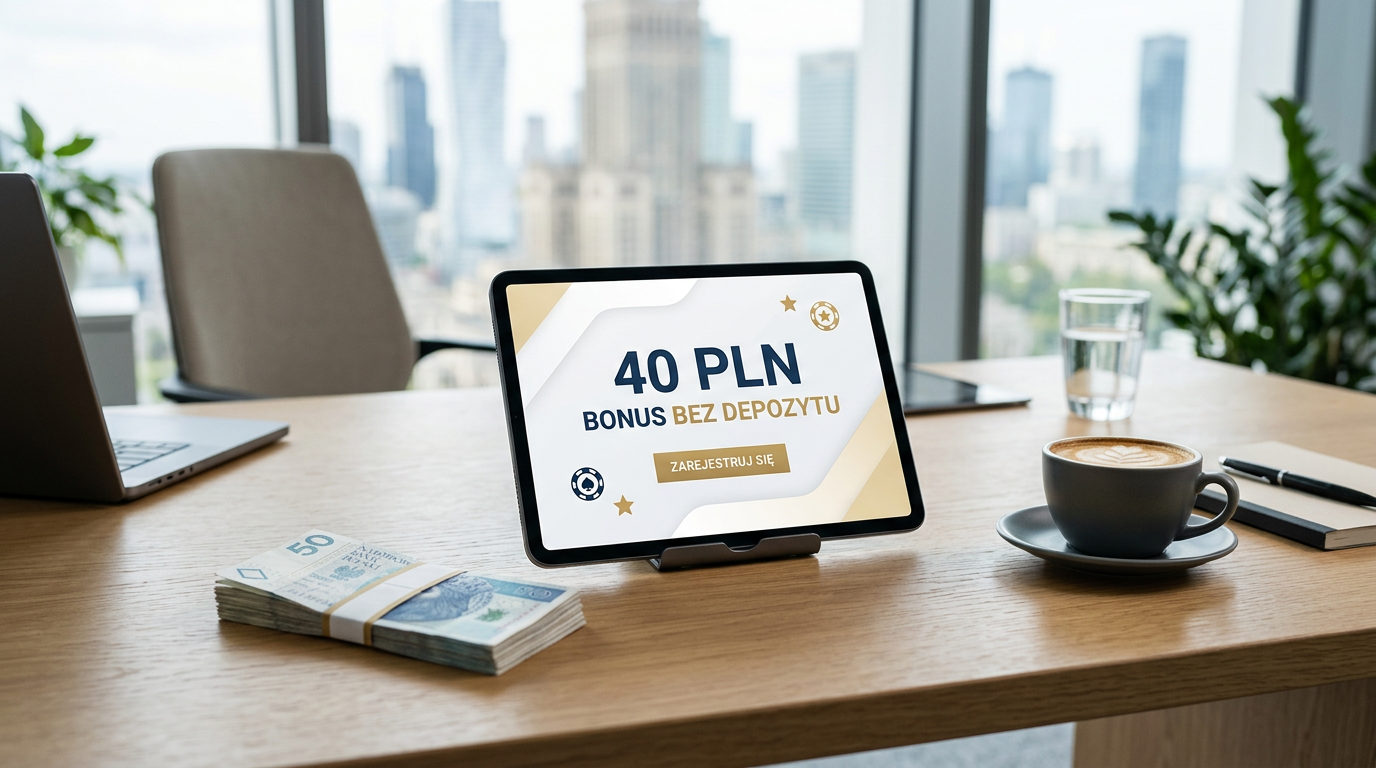 Bonus 40 zł bez depozytu na ekranie tabletu z gotówką na biurku