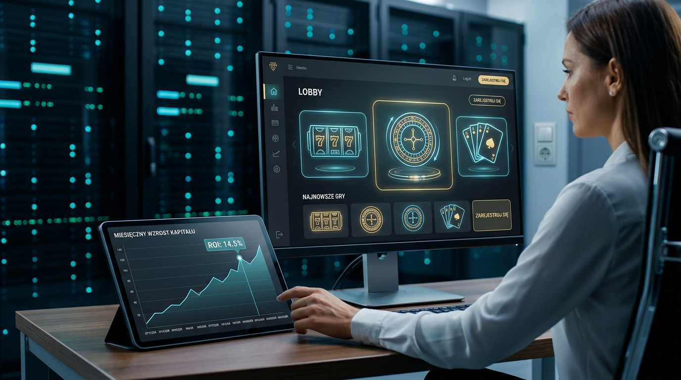 Futuristic casino interface showing ROI and analytics for 2026