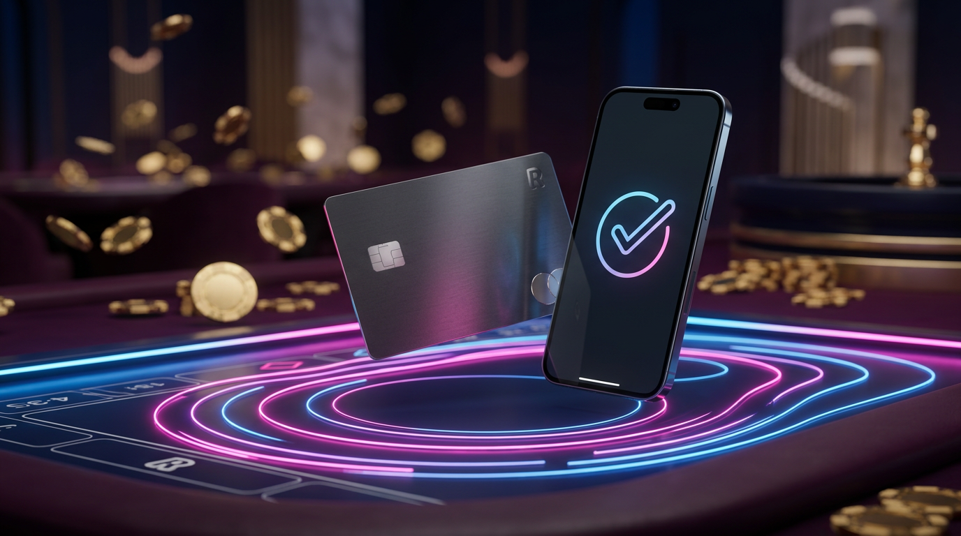 Karta Revolut i smartfon z potwierdzeniem płatności w nowoczesnym kasynie online.