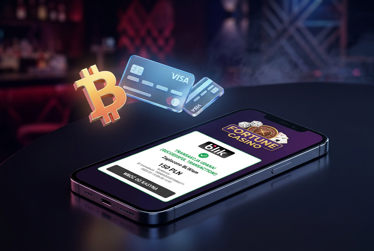 Smartfon z aplikacją BLIK i ikonami kryptowalut na eleganckim ciemnym tle